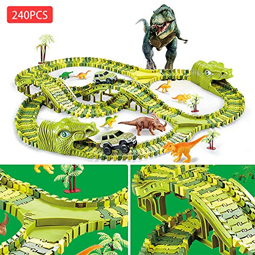 XC20001 Dinosaur Race Track Car Toy Set - 240 Pcs Flexible Train Tracks with 8 Dinosaurs, Race Cars, Bridge, Tree, Kids Christmas Birthday Party Gift Jurassic Dinosaur Playset for 3 4 5 6 Year Old