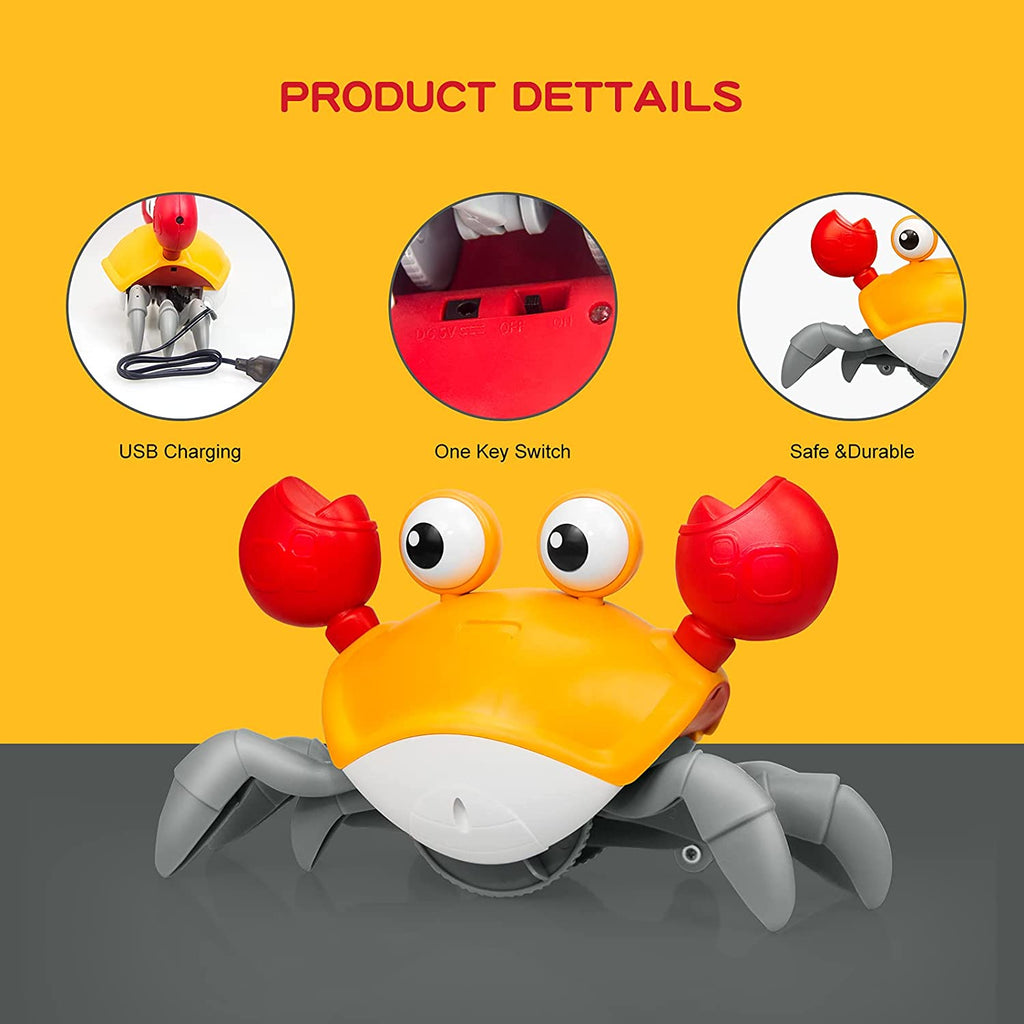 Hanmun Orange Crawling Crab Baby Toy with Music and LED Light Up for Kids, Toddler Interactive Learning Development Toy with Automatically Avoid Obstacles, Build in Rechargeable Battery