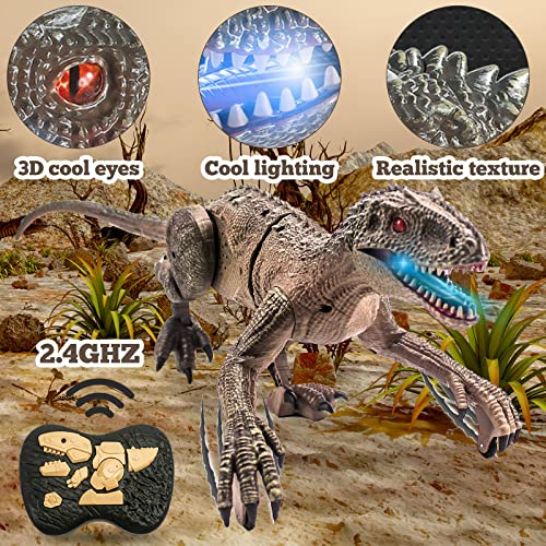 Remote Control Dinosaur Toys for Boys, Electric 2.4 Ghz RC Walking Robot Velociraptor with LED Eye, Roaring Sound, Dinosaur Gifts for Kids, Best Choice For Dinosaur Lovers