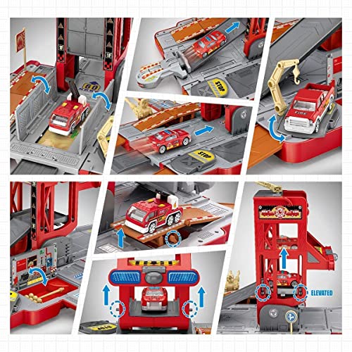 TOP21007 Kids Car Play Vehicles Set - Fire Truck Cars Garage Toys Set for Boys, Deformable Engineering Truck Toy with Lights & Sounds with 6 Mini Cars, Vehicle Garage Set Toys Gift for 3 4 5 6 Kids Toddlers