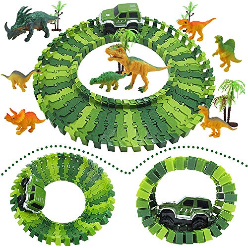 XC20001 Dinosaur Race Track Car Toy Set - 240 Pcs Flexible Train Tracks with 8 Dinosaurs, Race Cars, Bridge, Tree, Kids Christmas Birthday Party Gift Jurassic Dinosaur Playset for 3 4 5 6 Year Old