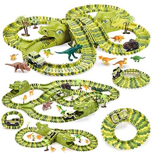 XC21002 Dinosaur Toys, Dinosaur Track Cars - 200 Pcs Train Tracks plus Dinosaurs & Cars to Create a Jurassic Dino World Track Set, Kids Christmas Birthday Party Gift for 3 4 5 6 Year Old Boys Girls