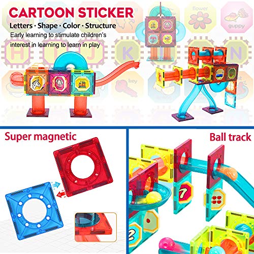 HS21001 Magnetic Building Blocks Tiles Toys - 101 PCS Magnet Construction Toys 3D Pipeline Marble Run Race Track with Alphabet Number Stickers STEM Learning Educational Toy for Kids Age 3 4 5 6 7 8 Years Old