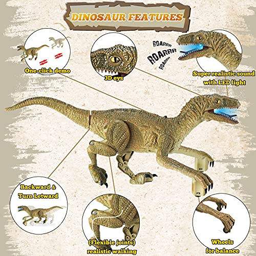 Remote Control Dinosaur Toys - RC Dinosaur Toys Realistic Walking Velociraptor with Roaring Sound, Shaking Head & Tail, Jurassic Dino Electronic Toys for Kids 3-9 Years Old (Yellow)