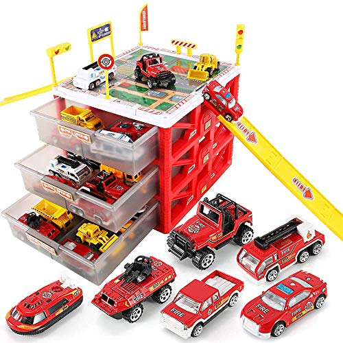 XBC19006 Parking Lot Car Garage Playset Matchbox Cars playsets ,Vehicle Toy Fire Car Storage Box Toys Set Educational Gift with 6 Fire Trucks, Ramps, Traffic Signs for Kids