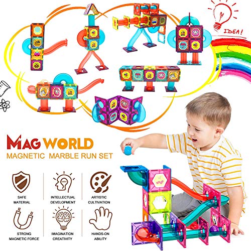 HS21001 Magnetic Building Blocks Tiles Toys - 101 PCS Magnet Construction Toys 3D Pipeline Marble Run Race Track with Alphabet Number Stickers STEM Learning Educational Toy for Kids Age 3 4 5 6 7 8 Years Old