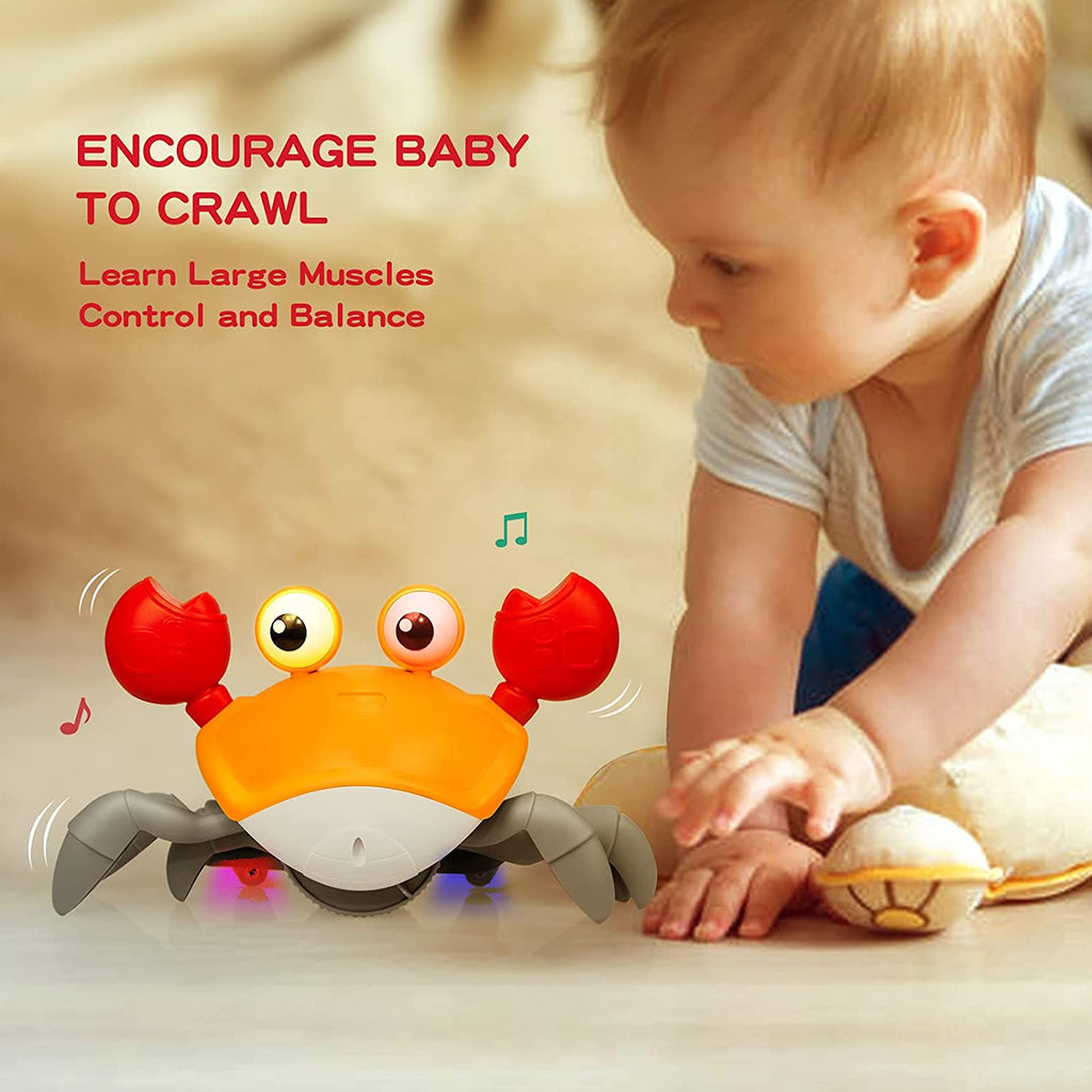 Hanmun Orange Crawling Crab Baby Toy with Music and LED Light Up for Kids, Toddler Interactive Learning Development Toy with Automatically Avoid Obstacles, Build in Rechargeable Battery