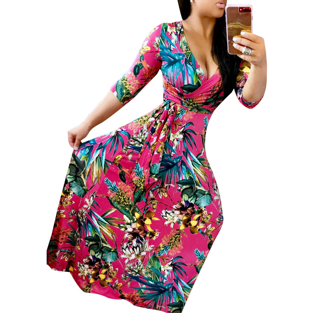 YM-8193 women fahshion 3/4 sleeve v neck foral printed maxi dress