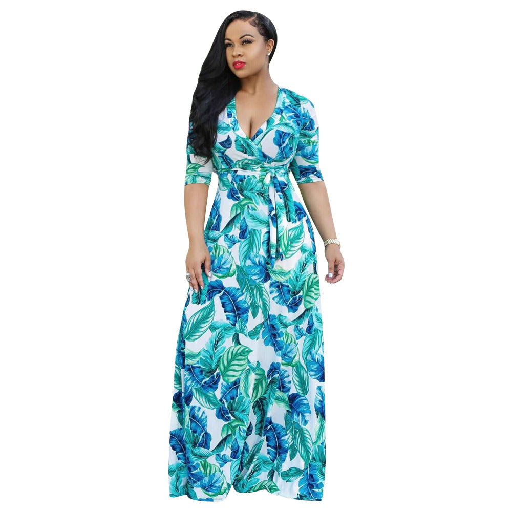 YM-8193 women fahshion 3/4 sleeve v neck foral printed maxi dress