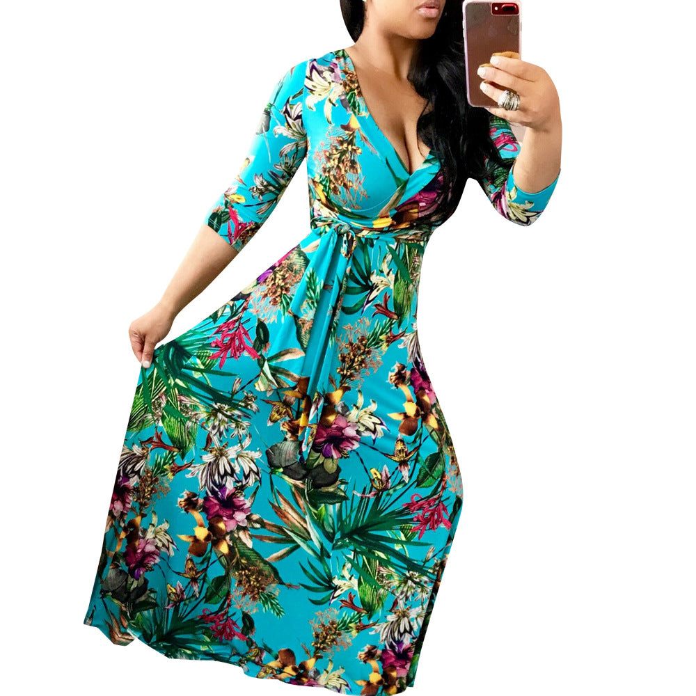 YM-8193 women fahshion 3/4 sleeve v neck foral printed maxi dress