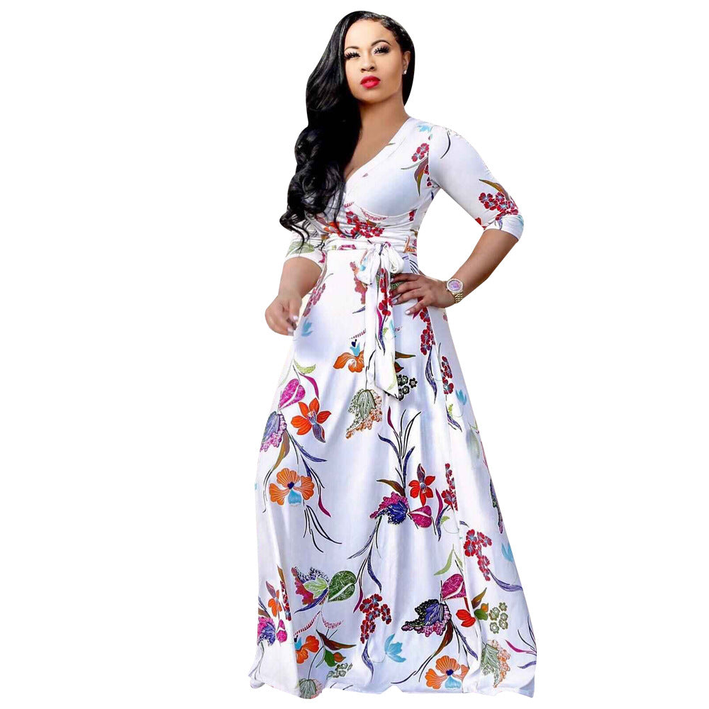 YM-8193 women fahshion 3/4 sleeve v neck foral printed maxi dress