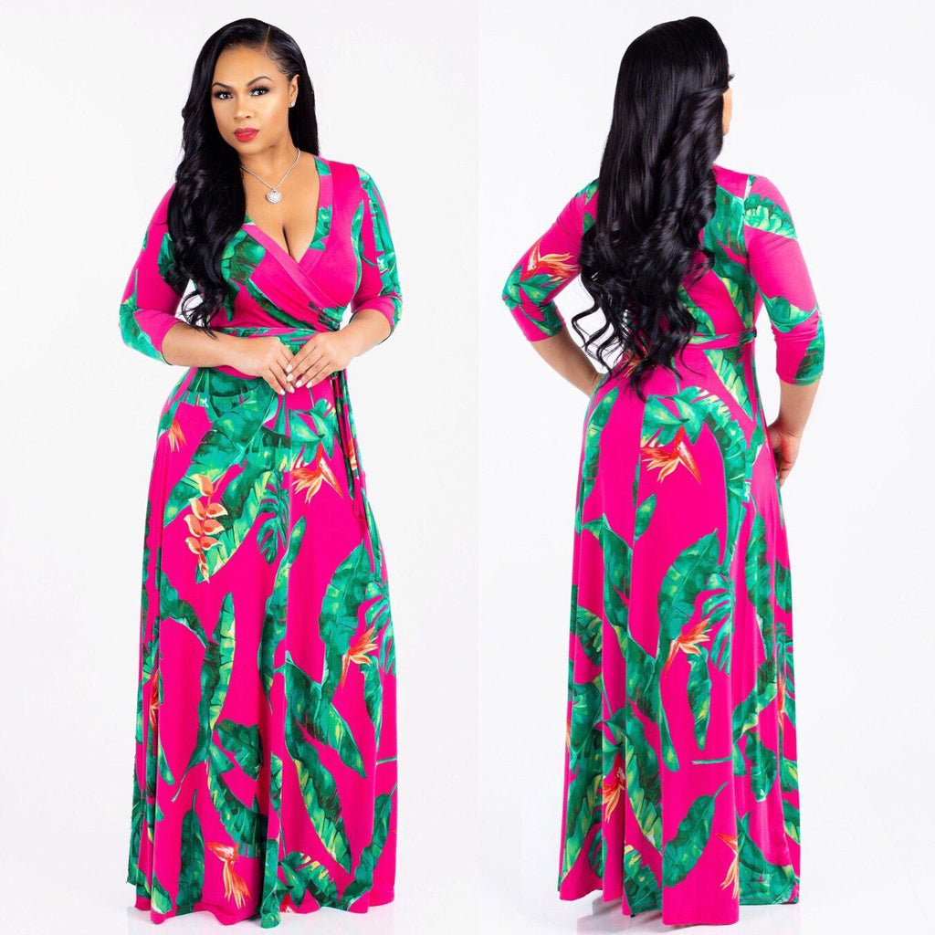 YM-8193 women fahshion 3/4 sleeve v neck foral printed maxi dress