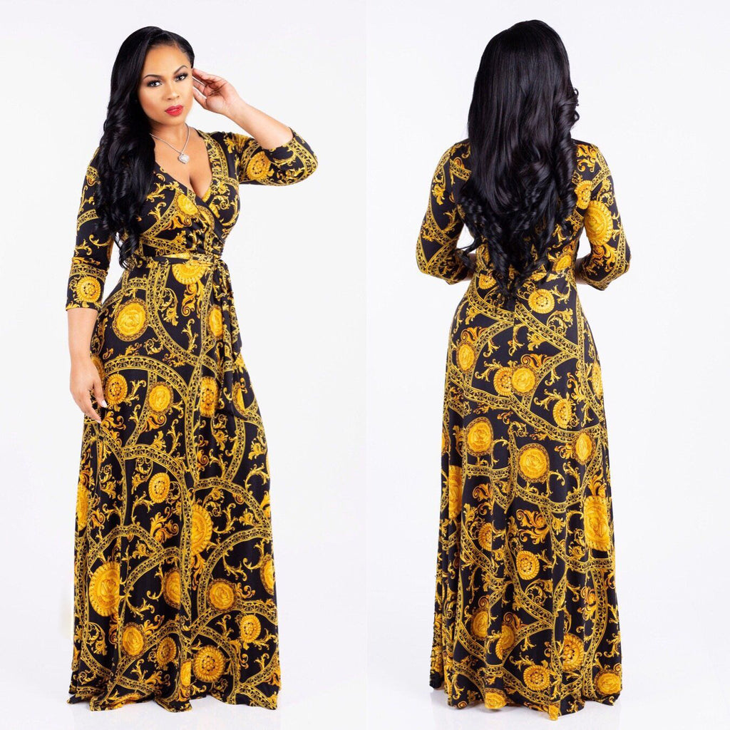 YM-8193 women fahshion 3/4 sleeve v neck foral printed maxi dress