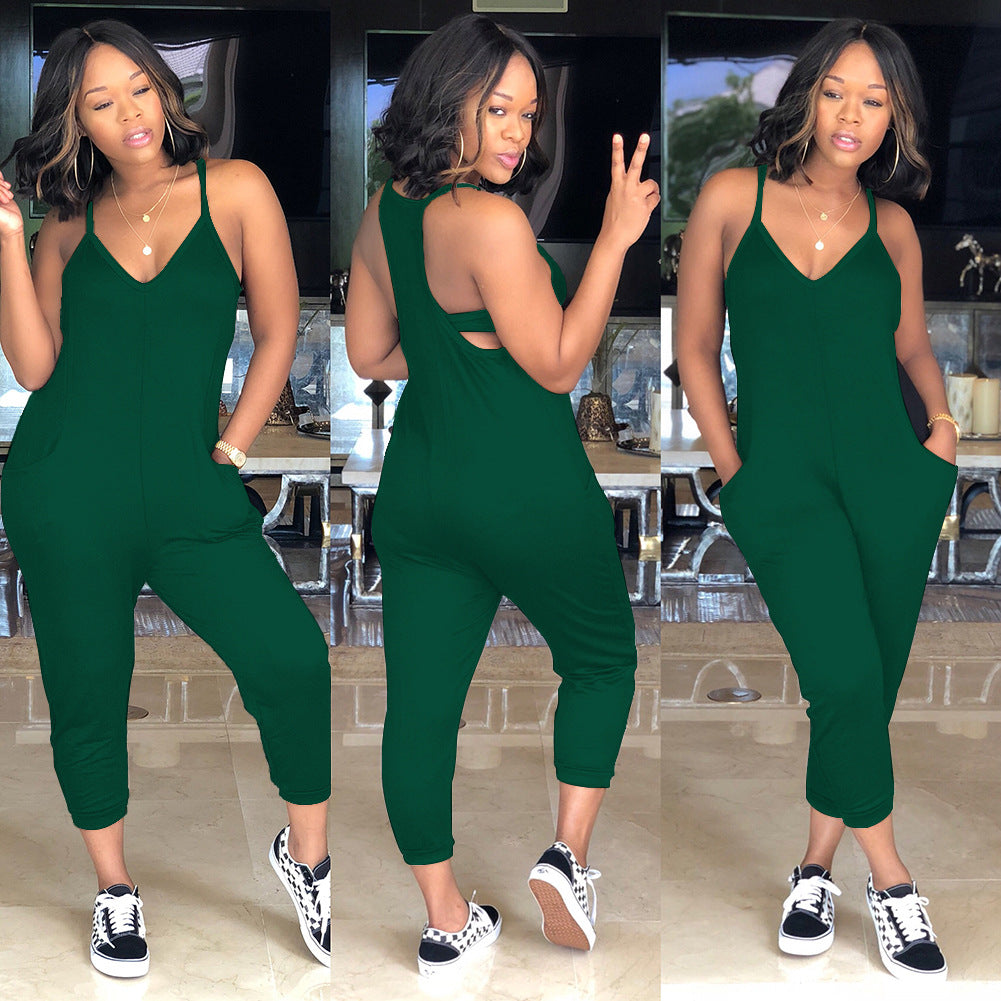 European and American Style Sexy Women's Wear Casual Jumpsuit Red and Green Re-Color