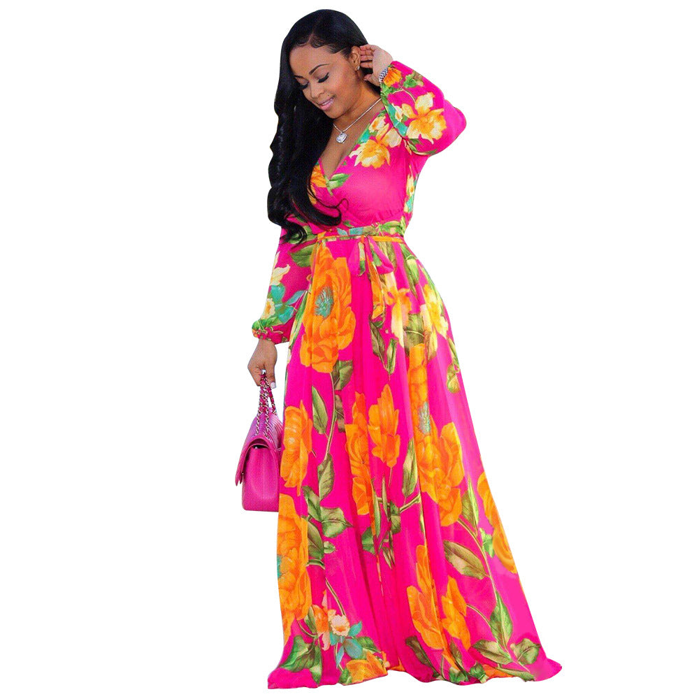 YM-8214 Women's Long Sleeve Floral Printed Sexy V Neck Chiffon Maxi Dress