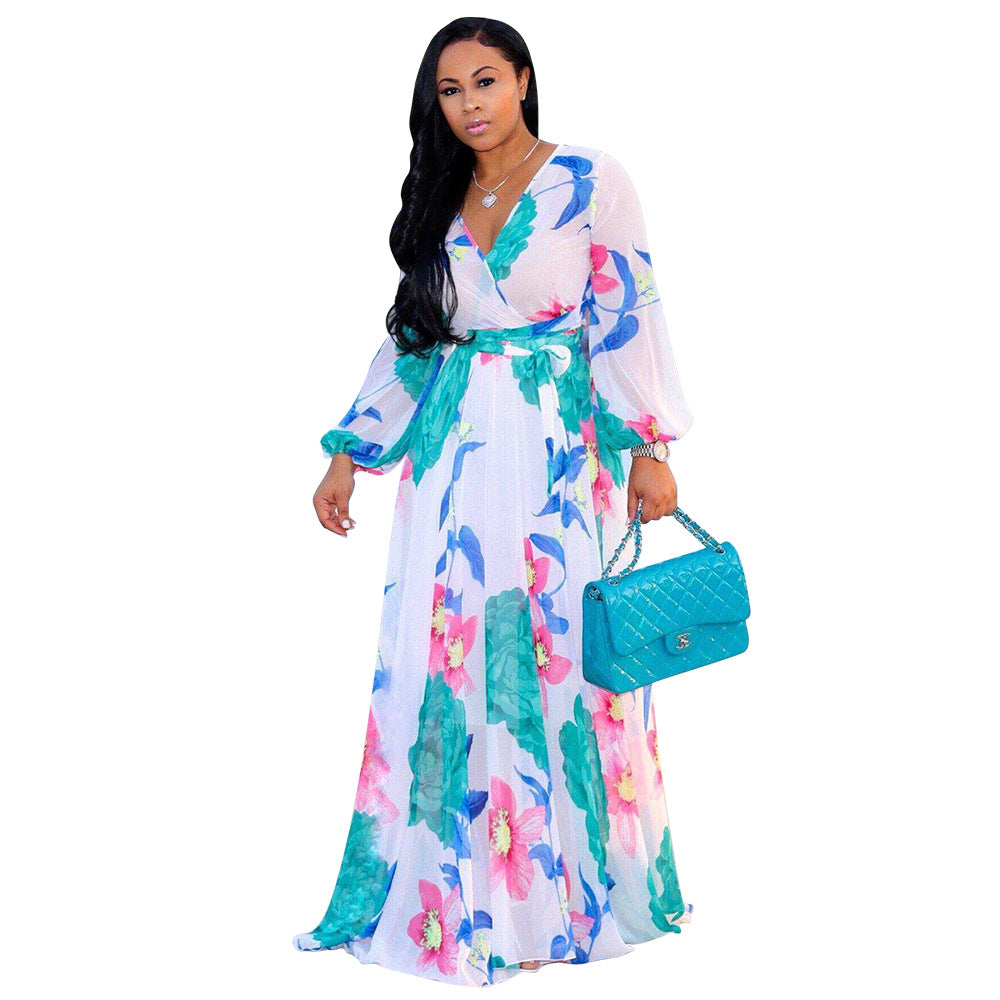 YM-8214 Women's Long Sleeve Floral Printed Sexy V Neck Chiffon Maxi Dress