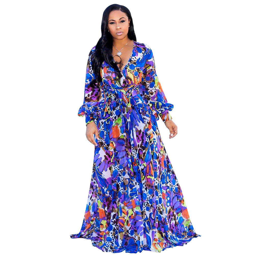 YM-8214 Women's Long Sleeve Floral Printed Sexy V Neck Chiffon Maxi Dress