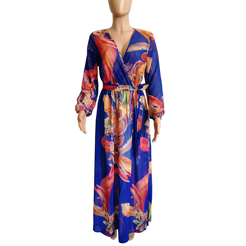 YM-8214 Women's Long Sleeve Floral Printed Sexy V Neck Chiffon Maxi Dress