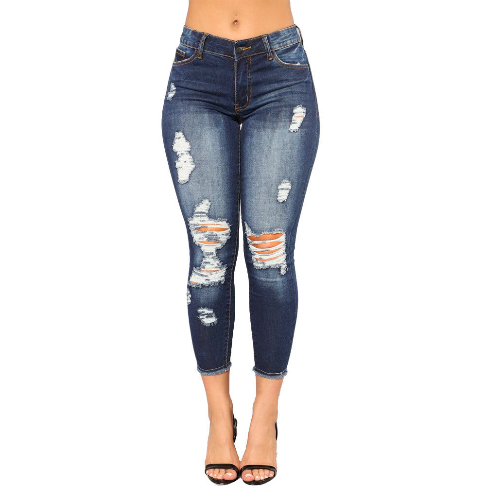 Bestseller High Elastic Cropped Ripped Women's Skinny Skinny Hip Raise Fashion Jeans