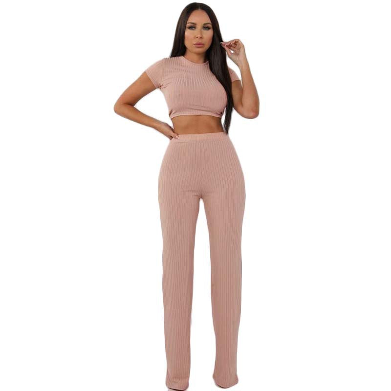 Fashion Casual Set Women's European and American High Elastic Cotton Sunken Stripe Wide Leg Pants Two-Piece Set