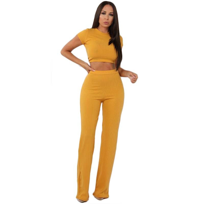 Fashion Casual Set Women's European and American High Elastic Cotton Sunken Stripe Wide Leg Pants Two-Piece Set