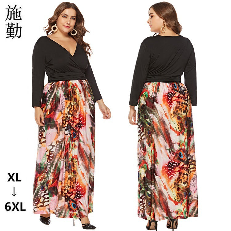 Women's V-neck Long-Sleeved Printed Stitching Dress