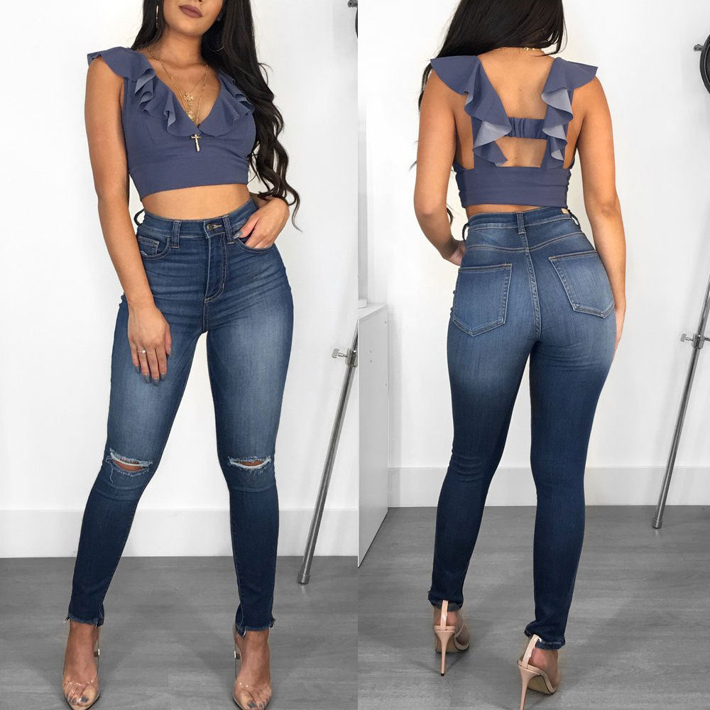 Fashion Ripped Women's Jeans Skinny Hip Raise Fashion Women's Wear Jeans