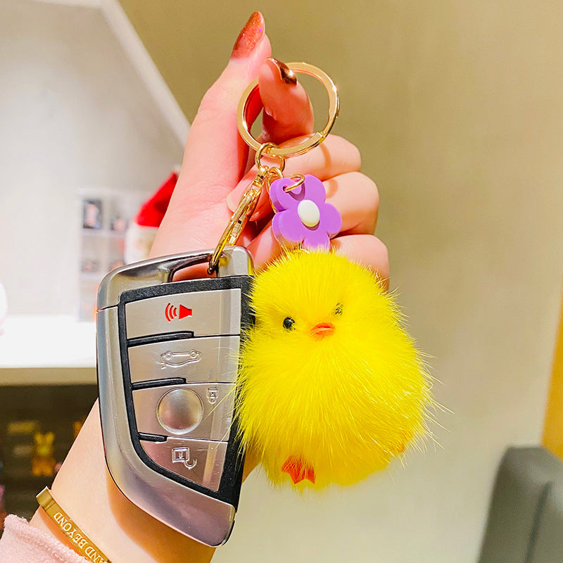 Cartoon Cute Plush Mink Fur Chicken Creative Car Keychain Schoolbag Pendant a Pair of Internet Celebrity Small Gifts