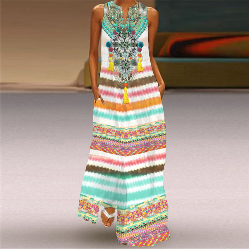 Fashion Sexy Digital Printed V-neck Sleeveless Maxi Dress Pocket European and American Style Dress