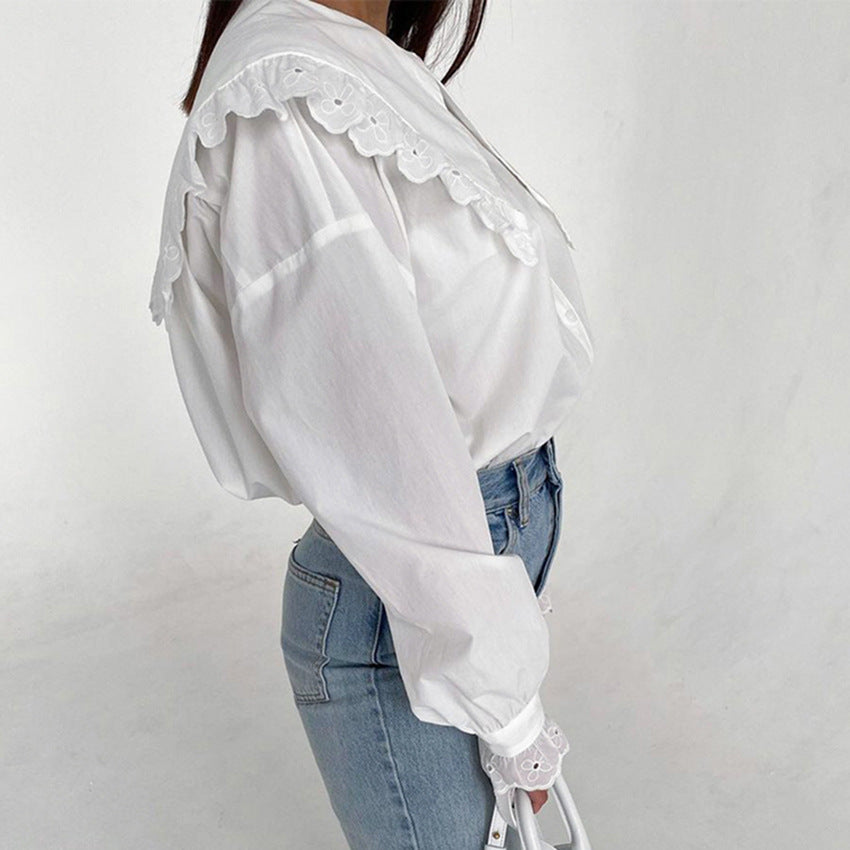 European and American Shirt Sailor Collar Lace French Style Temperament Top Fashion Commuter White Shirt