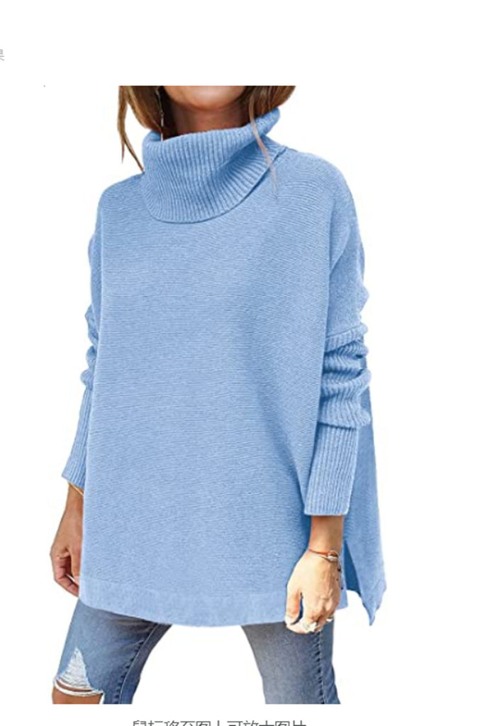 Women's Turtleneck Oversized Sweater Mid-Length Batwing Sleeve Hem Waist Pullover Sweaters Top