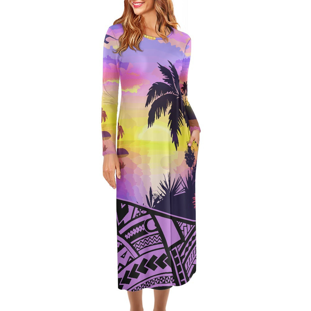Hawaiian Print Dress Large Size Long Sleeve Round Neck Foreign Trade Women's Long Skirt
