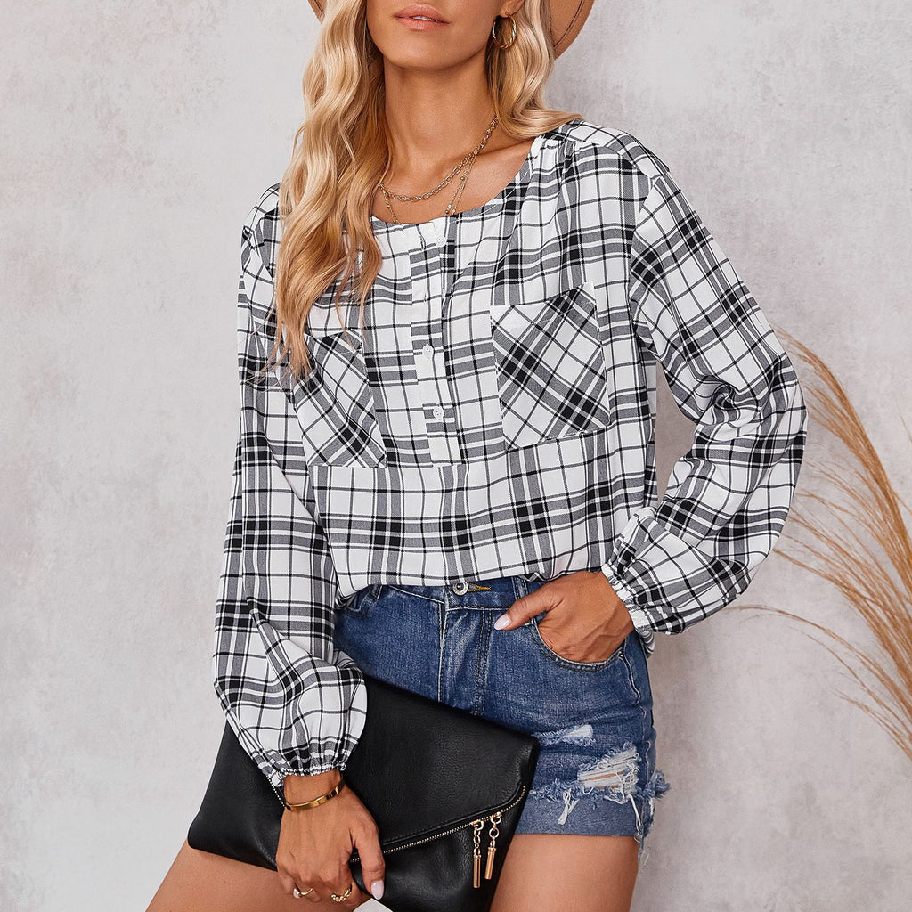 2022 Autumn New Shirt Women's Fashion Plaid Crew Neck Shirt Fashion