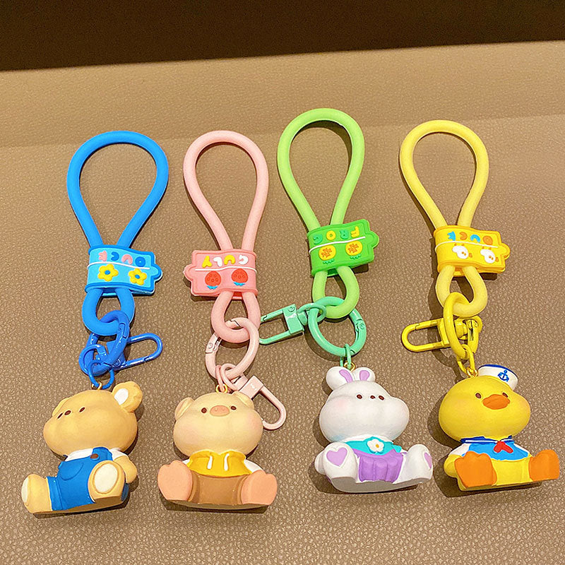 Creative Doodle Face Animal Keychain Doll Pendant Cute Cartoon Sitting Posture Bunny Car Key Chain