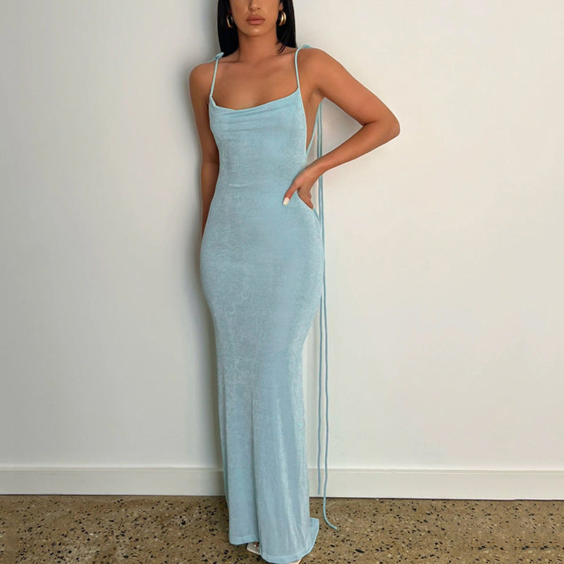 Women's European and American Sexy Series Sling Close-Fitting Sheath Long Dress Slim Fit Elegant Elegant Shoulder-Baring Back Dress