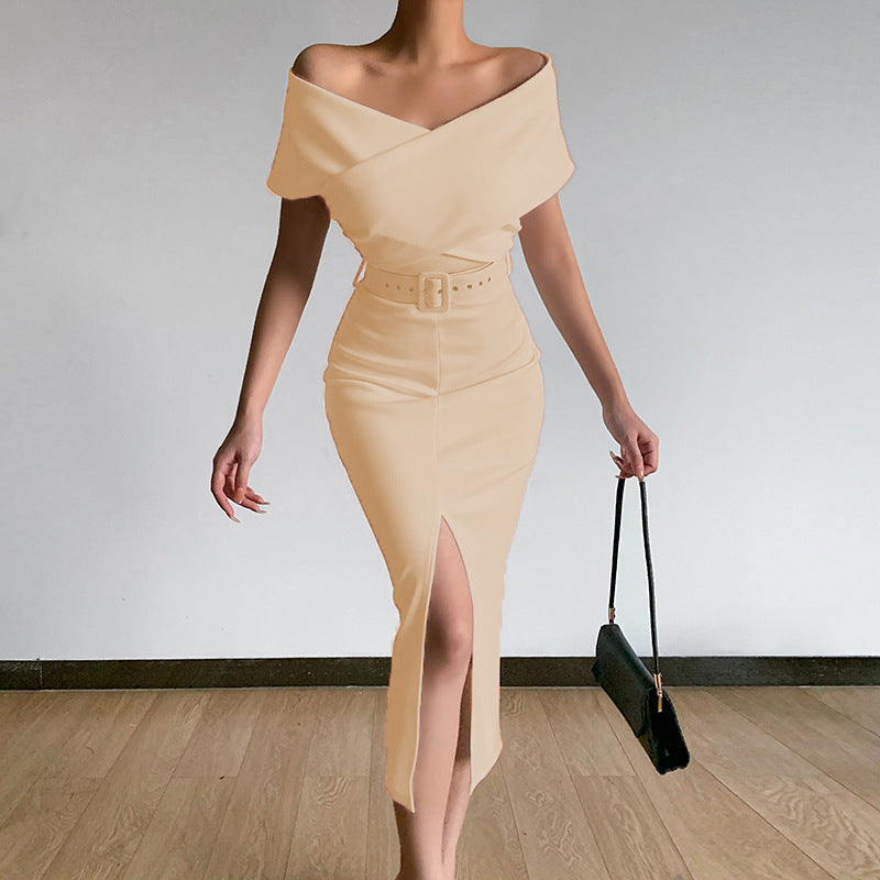 Elegant Graceful Commute Minimalist Young off-the-Shoulder Belt Dress with Vents