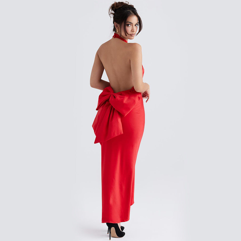 Women's Sexy Socialite Slim Fit Backless Long Dress Toast Dress Bow Halter Dress Evening Dress