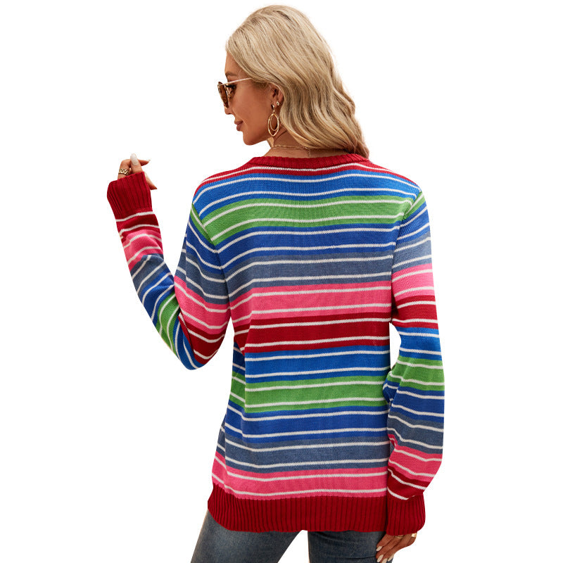 Color Sweater Long Sleeve round Neck Striped Sweater Loose Casual Contrast Color Ripped Sweater