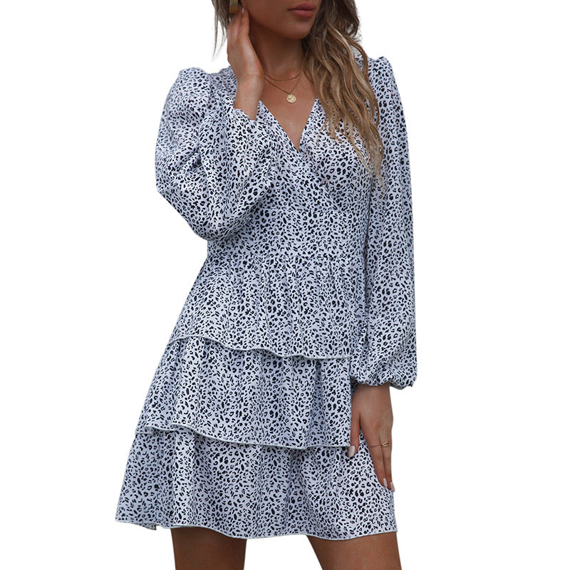 Cake Dress V-neck Tight Waist Puff Sleeve Polka Dot Printed Dress