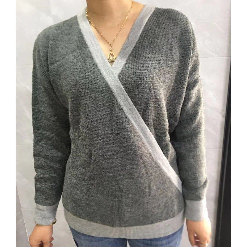 Women's Loose-Fitting V-neck Long Sleeves Sweater Fashion Pullover Top