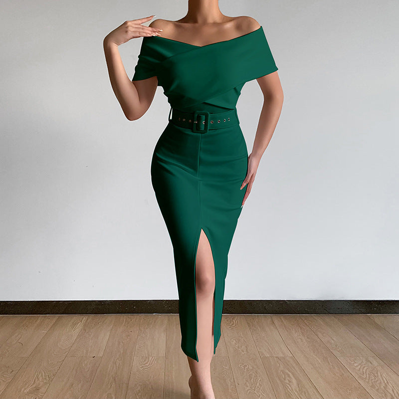 Elegant Graceful Commute Minimalist Young off-the-Shoulder Belt Dress with Vents