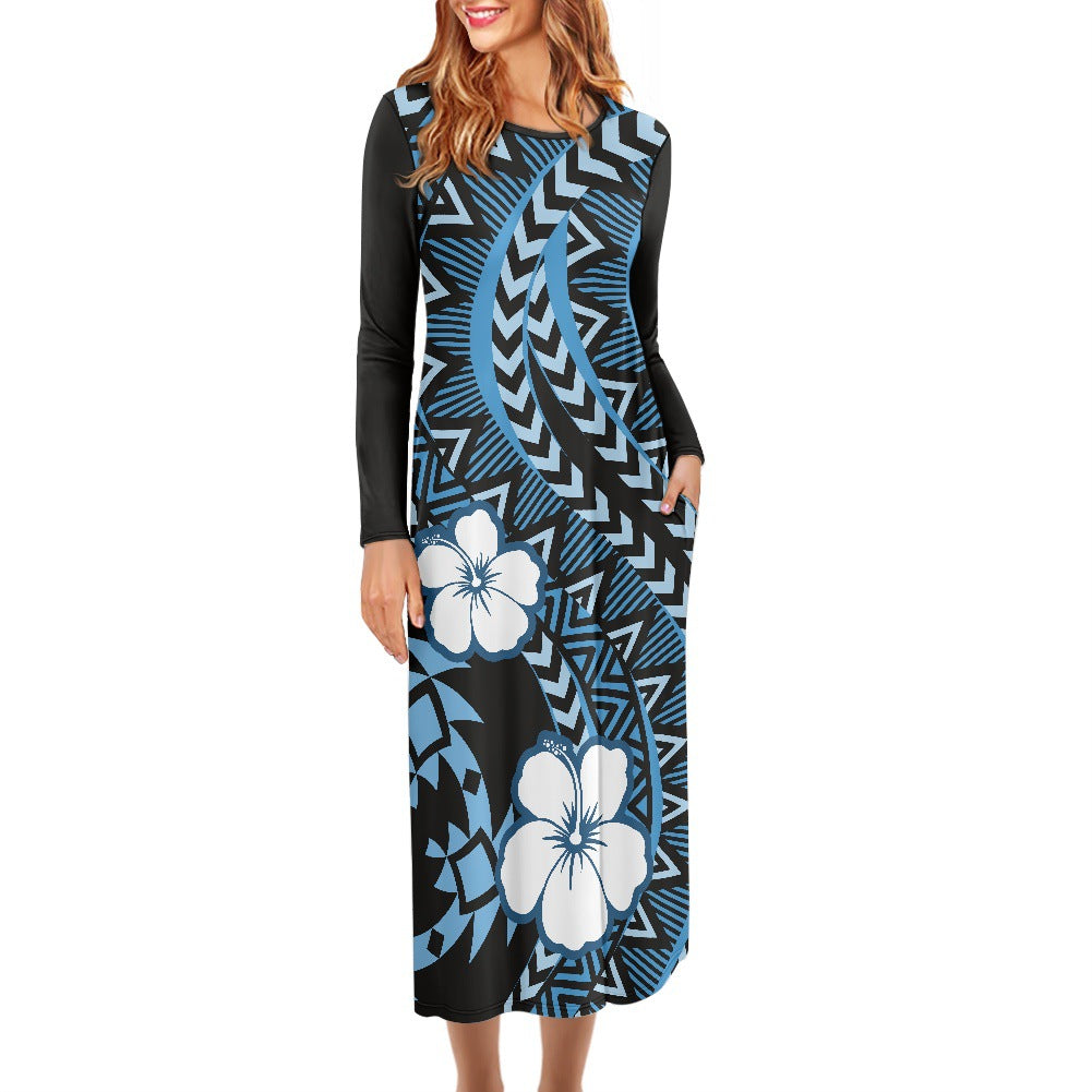 Hawaiian Print Dress Large Size Long Sleeve Round Neck Foreign Trade Women's Long Skirt