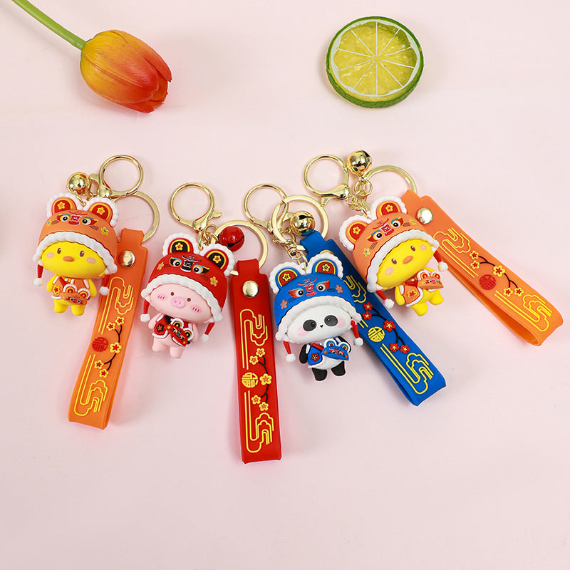 Cartoon Tiger Head Hat Animal Keychain Female Cute Lion Dance Doll Trend Couple Key Chain Handbag Pendant