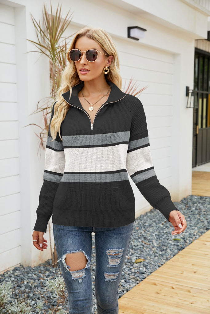 Women's Fashion Striped Color Matching Sweater Long Sleeve Zipper and Lapel Sweater