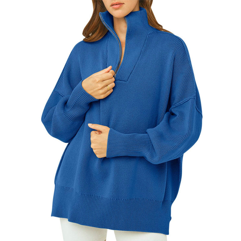 Women's Zipper Collar Drop-Shoulder Lantern Sleeve Sweater Pullover Sweater