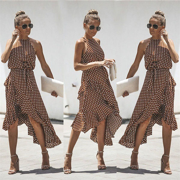 New Backless Halter Printed Waist-Controlled Lace-up Dress