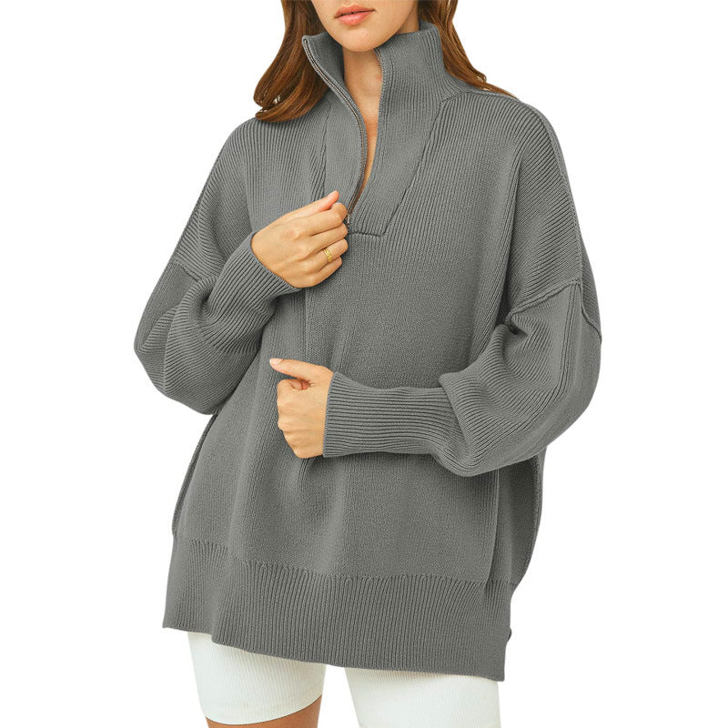 Women's Zipper Collar Drop-Shoulder Lantern Sleeve Sweater Pullover Sweater