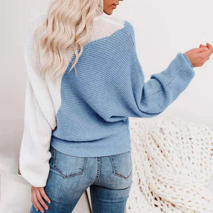 Batwing Sleeve Color-Block Crew Neck Knitwear Pullover Long Sleeve Sweater Women