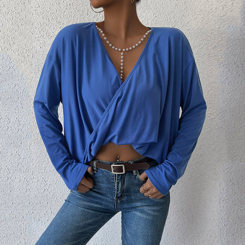 Women's V-neck Blue Top Irregular Loose Long Sleeves Cropped T-shirt