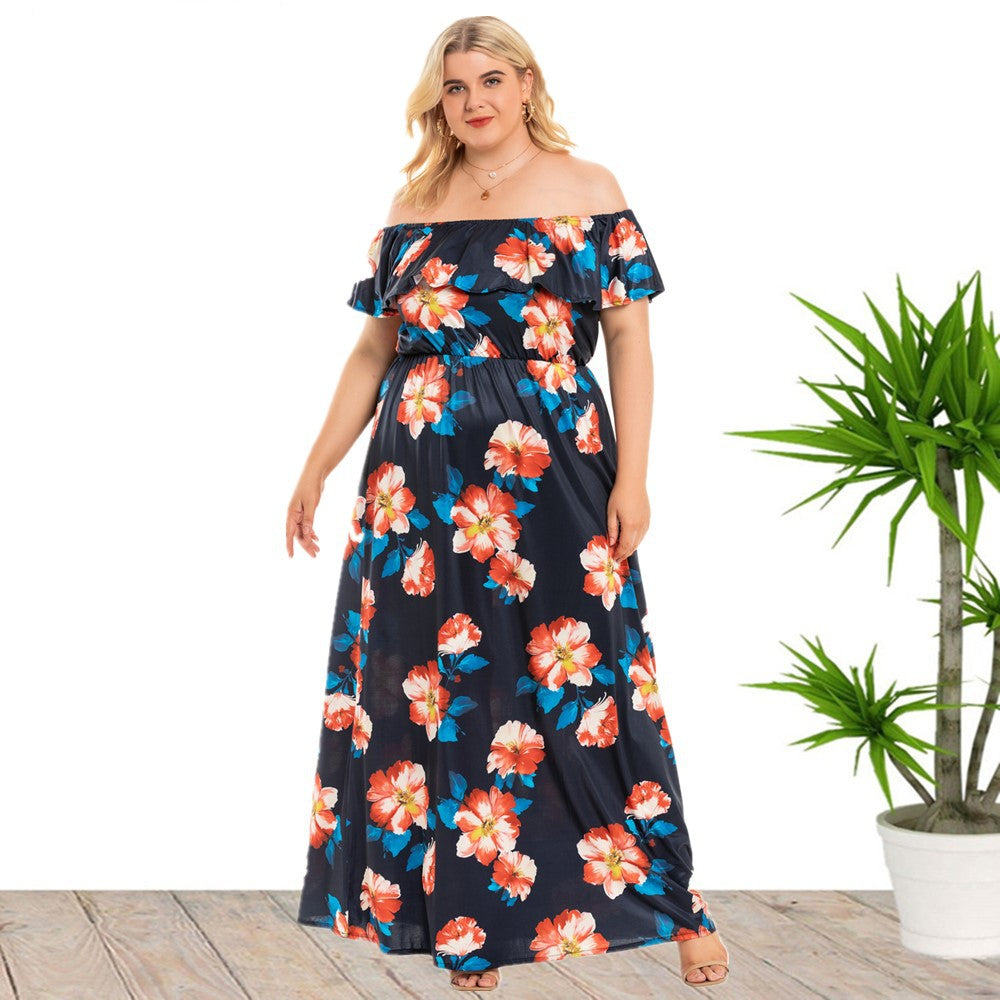 Women's off-Neck Plump Girls Bohemian plus Size Dress